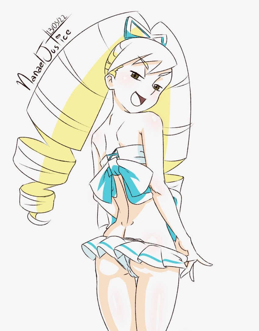 1girl artist_name bikini bikini_pull blonde_hair blue_bow bow cameltoe clothes_pull dated grey_background hair_bow half-closed_eyes highres loli looking_at_viewer looking_back luna_platz_(mega_man) mega_man_(series) mega_man_star_force_(series) nanaeljustice open_mouth petite pulling_own_clothes simple_background smile swimsuit white_bikini