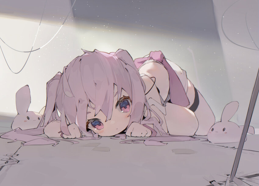1girl closed_mouth dot_mouth hair_between_eyes highres light_blush long_hair looking_at_viewer lying midriff nep_(nep_76) original pink_eyes pink_hair skirt solo stuffed_animal stuffed_rabbit stuffed_toy thighhighs two_side_up white_skirt white_thighhighs