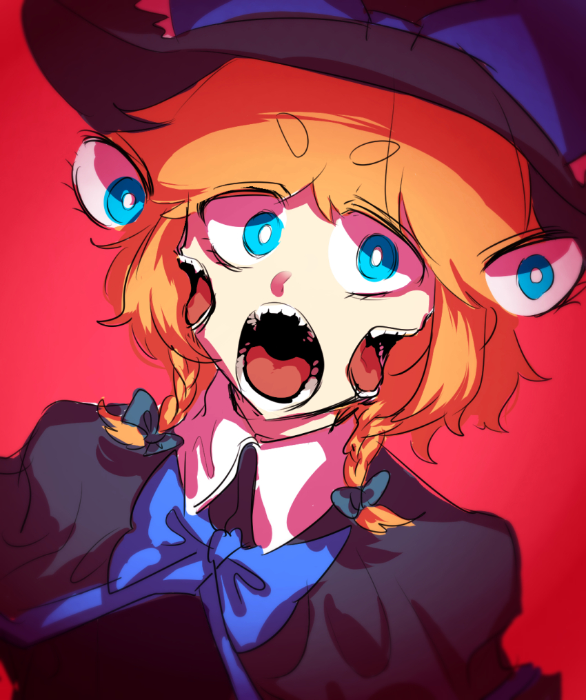 1girl black_capelet blonde_hair blue_bow blue_bowtie blue_eyes bow bowtie braid bright_pupils capelet commentary_request cookie_(touhou) doi extra_eyes extra_mouth hat hat_bow highres kirisame_marisa looking_at_viewer meguru_(cookie) open_mouth red_background simple_background solo touhou twin_braids upper_body white_pupils witch_hat