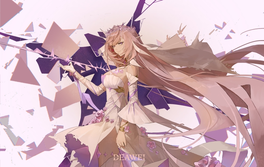 1girl absurdres alternate_costume artist_name bare_shoulders bracelet breasts cleavage crown_of_thorns deawei detached_sleeves dress elf elysia_(herrscher_of_human:_ego)_(honkai_impact) elysia_(honkai_impact) flower_ornament highres honkai_(series) honkai_impact_3rd jewelry large_breasts long_hair looking_at_viewer pink_background pointy_ears purple_eyes thighs very_long_hair white_dress