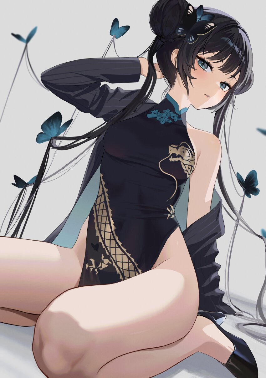 1girl absurdres aqua_eyes arm_at_side ayoni_623 black_dress black_footwear black_hair blue_archive blunt_bangs blush breasts butterfly_hair_ornament china_dress chinese_clothes commentary covered_navel double_bun dragon_print dress eyelashes foot_out_of_frame foreshortening grey_background grey_jacket groin hair_bun hair_ornament hair_spread_out hand_up hashtag-only_commentary high_heels highres hip_vent jacket jacket_partially_removed kisaki_(blue_archive) long_hair long_sleeves looking_at_viewer no_socks open_clothes open_jacket parted_lips print_dress sidelocks simple_background single_bare_shoulder sitting sleeveless sleeveless_dress small_breasts solo thighs tsurime twintails very_long_hair wariza