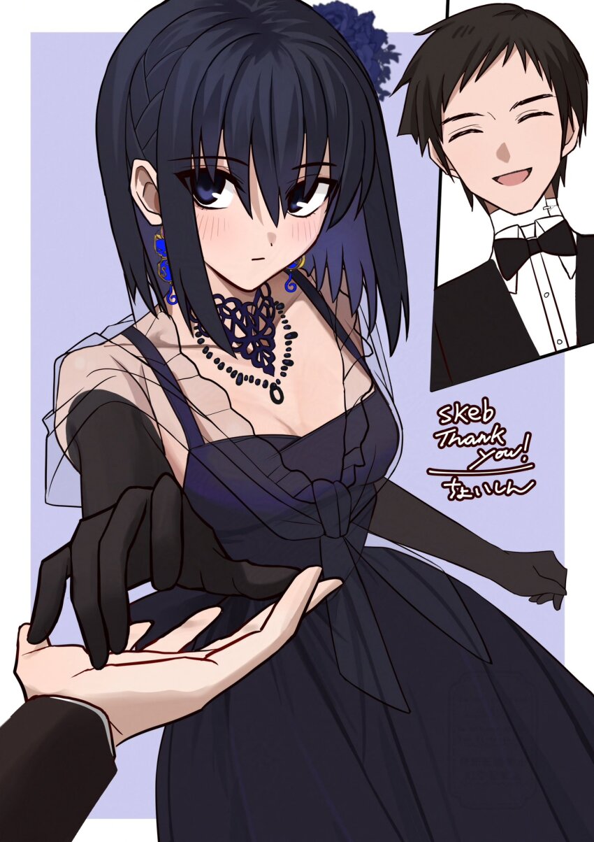 1boy 1girl black_bow black_bowtie black_dress black_gloves black_hair black_suit bow bowtie closed_eyes collared_shirt commentary commission cross-section dress elbow_gloves english_commentary flower formal_clothes gloves hair_flower hair_ornament highres kuonji_alice mahou_tsukai_no_yoru open_mouth purple_background purple_eyes shintyoi2 shirt shizuki_soujuurou skeb_commission suit white_shirt