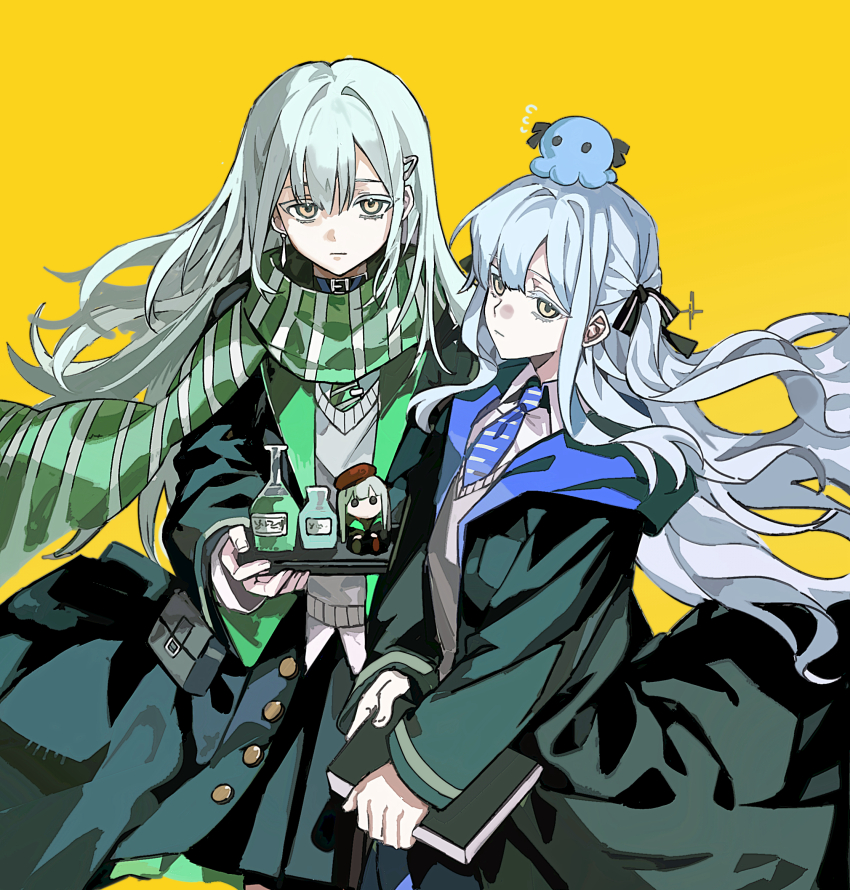 2girls bang_dream! bang_dream!_it&#039;s_mygo!!!!! blue_hair blue_necktie bottle chinese_commentary commentary_request green_hair green_necktie green_scarf grey_sweater hair_ornament hairclip highres hogwarts_school_uniform long_hair mortis_(bang_dream!) mortis_(costume)_(bang_dream!) multiple_girls ne2op necktie octopus scarf school_uniform sidelocks simple_background sweater wakaba_mutsumi wakaba_mutsumi_(doll) wizarding_world yellow_background yellow_eyes