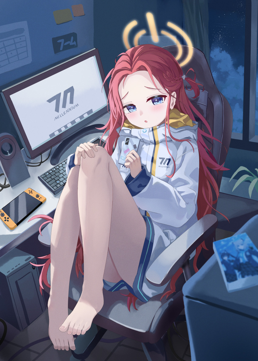 1girl :o absurdres bare_legs barefoot blue_archive blue_eyes blush calendar_(object) chair chinese_commentary cloud commentary computer computer_keyboard curtains feet forehead frown full_body furrowed_brow gaming_chair halo hand_on_own_knee highres indoors knees_up legs long_hair looking_at_viewer looking_to_the_side mixian night night_sky nintendo_switch open_mouth orange_halo parted_bangs plant red_hair serika_(blue_archive) shiroko_(blue_archive) shy sitting sky solo star_(sky) sticky_note swivel_chair toenails toes very_long_hair window yuzu_(blue_archive)