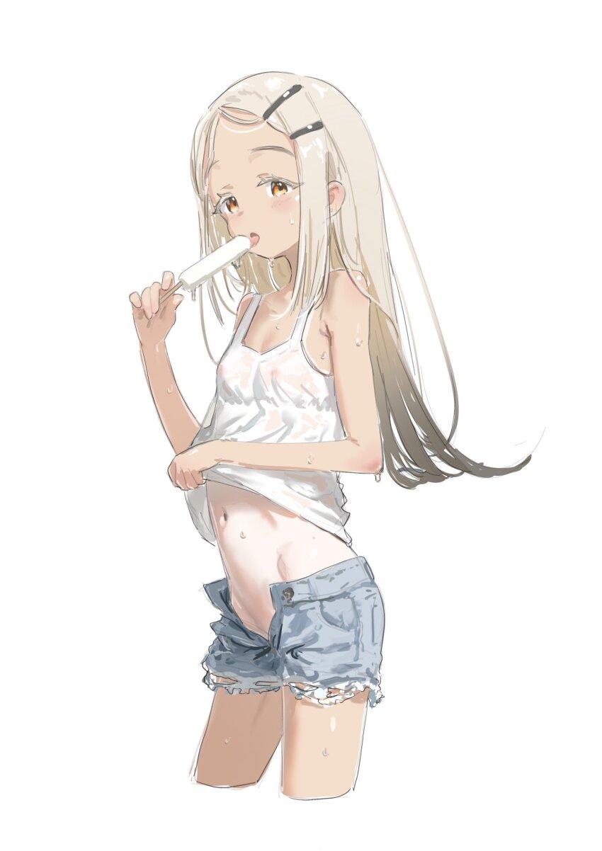 1girl arisu_syndrome armpit_crease bare_arms bare_shoulders blonde_hair blue_shorts clothes_lift colored_eyelashes cropped_legs cutoffs dark-skinned_female dark_skin denim denim_shorts flat_chest food forehead gakuen_idolmaster gradient_hair groin hair_ornament hairclip hands_up highres holding holding_food holding_popsicle idolmaster licking lifting_own_clothes light_blush long_hair looking_at_viewer melting_popsicle multicolored_hair navel nipples no_panties open_fly open_mouth orange_eyes parted_bangs popsicle presenting presenting_stomach see-through_clothes see-through_tank_top shinosawa_hiro shirt_lift shirt_tan short_shorts shorts sidelocks simple_background solo standing stomach sweat tan tank_top tanline tongue tongue_out variant_set wet wet_clothes white_background white_tank_top