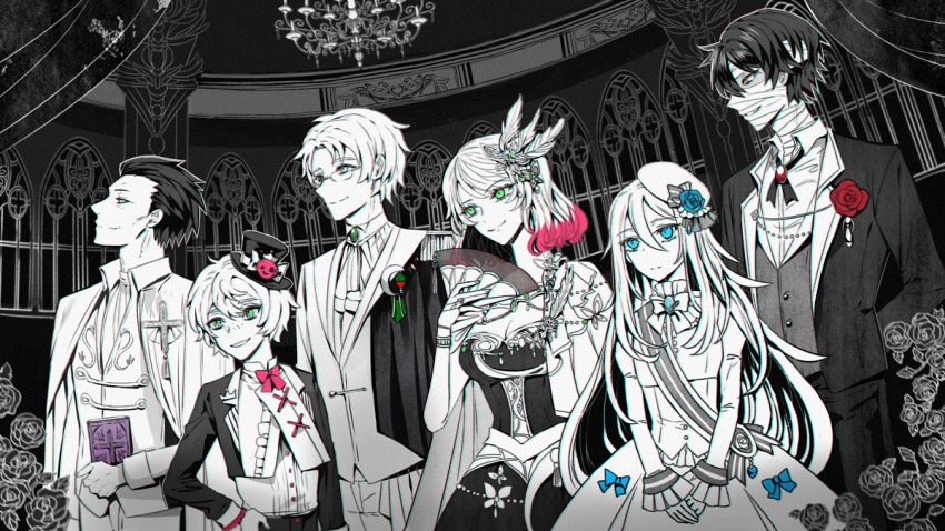 2girls 4boys abraham_gray_(satsuriku_no_tenshi) alternate_costume arm_behind_back ascot bandage_on_face bandaged_head bandages beret blue_bow blue_eyes blue_flower blue_rose book boutonniere bow bowtie bracelet breasts brooch cape cathy_(satsuriku_no_tenshi) center_frills chandelier cleavage closed_mouth cowboy_shot crescent crescent_pin cropped_jacket cross cross_tie crown_(symbol) curtains danny_(satsuriku_no_tenshi) double-parted_bangs dress dress_bow dress_shirt eddie_(satsuriku_no_tenshi) epaulettes feather_hair_ornament feathers flower folding_fan formal_clothes freckles frilled_sleeves frills gem glasses green_eyes green_gemstone greyscale grin hair_between_eyes hair_ornament hair_slicked_back hand_fan hand_on_own_hip hat hat_bow hat_flower heterochromia holding holding_book holding_fan indoors isaac_foster jacket jacket_on_shoulders jewelry kkamang_egg lapels long_hair long_sleeves looking_ahead medium_breasts mini_hat mini_top_hat monochrome multicolored_eyes multicolored_hair multiple_boys multiple_girls necklace notched_lapels open_clothes open_jacket pants parted_bangs pink_bow pink_bowtie pink_hair profile rachel_gardner red_eyes red_flower red_rose ring rose sash satsuriku_no_tenshi shawl_lapels shirt shoulder_sash side_cape single_epaulette smile spot_color strapless strapless_dress suit suit_jacket swept_bangs tassel tilted_headwear top_hat two-tone_hair upper_body v_arms vest window wrinkled_skin yellow_eyes