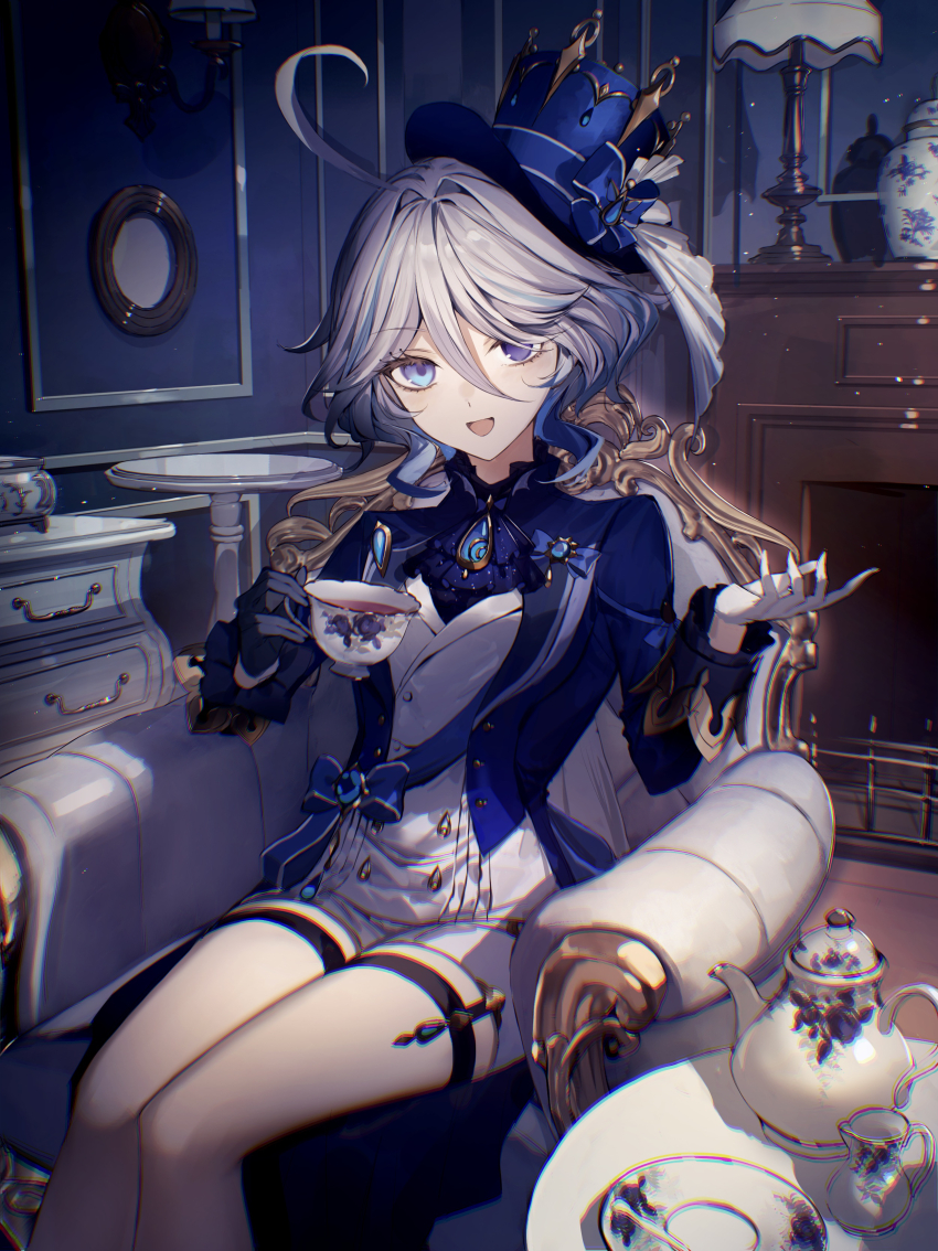 1girl absurdres ahoge armchair ascot asymmetrical_gloves black_gloves black_shirt blue_ascot blue_bow blue_brooch blue_eyes blue_gemstone blue_hair blue_hat blue_jacket blue_sash bow brooch chair chromatic_aberration commentary creamer_(vessel) cup drawer fireplace furina_(genshin_impact) gem genshin_impact gloves hair_between_eyes hair_intakes hands_up hat hat_bow heterochromia highres holding holding_cup indoors jacket jewelry lamp light_particles long_hair long_sleeves looking_at_viewer mini_hat mini_top_hat mirror mismatched_gloves multicolored_hair on_chair open_mouth ponytail sash saucer shirt shorts shoulder_sash sitting smile solo table tamitami teacup teapot thigh_strap top_hat vase vest white_gloves white_hair white_shorts white_vest