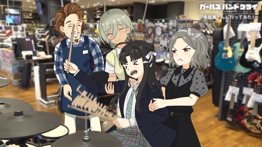 &gt;_&lt; 1boy 3girls ^_^ ahoge apron awa_subaru black_dress black_hair blue_apron blue_jacket blue_shirt brown_hair chinese_commentary clenched_teeth closed_eyes closed_mouth collared_shirt commentary_request diagonal-striped_clothes diagonal-striped_necktie dress drumsticks earrings ebizuka_tomo facial_hair girls_band_cry goatee green_necktie grey_hair grey_skirt hair_between_eyes hair_intakes hair_ribbon hayashi_(girls_band_cry) highres holding holding_drumsticks jacket jewelry long_hair long_hair_between_eyes mole mole_under_eye multiple_girls necktie open_clothes open_jacket open_mouth parted_bangs photo-referenced pinafore_dress plaid_clothes plaid_shirt plaid_skirt playing_drum puffy_short_sleeves puffy_sleeves red_eyes ribbon rupa_(girls_band_cry) sagittarius_(cruxhkg) school_uniform shirt short_hair short_sleeves skirt sleeveless sleeveless_dress smear_frame striped_clothes sweatdrop teeth upper_teeth_only white_ribbon white_shirt
