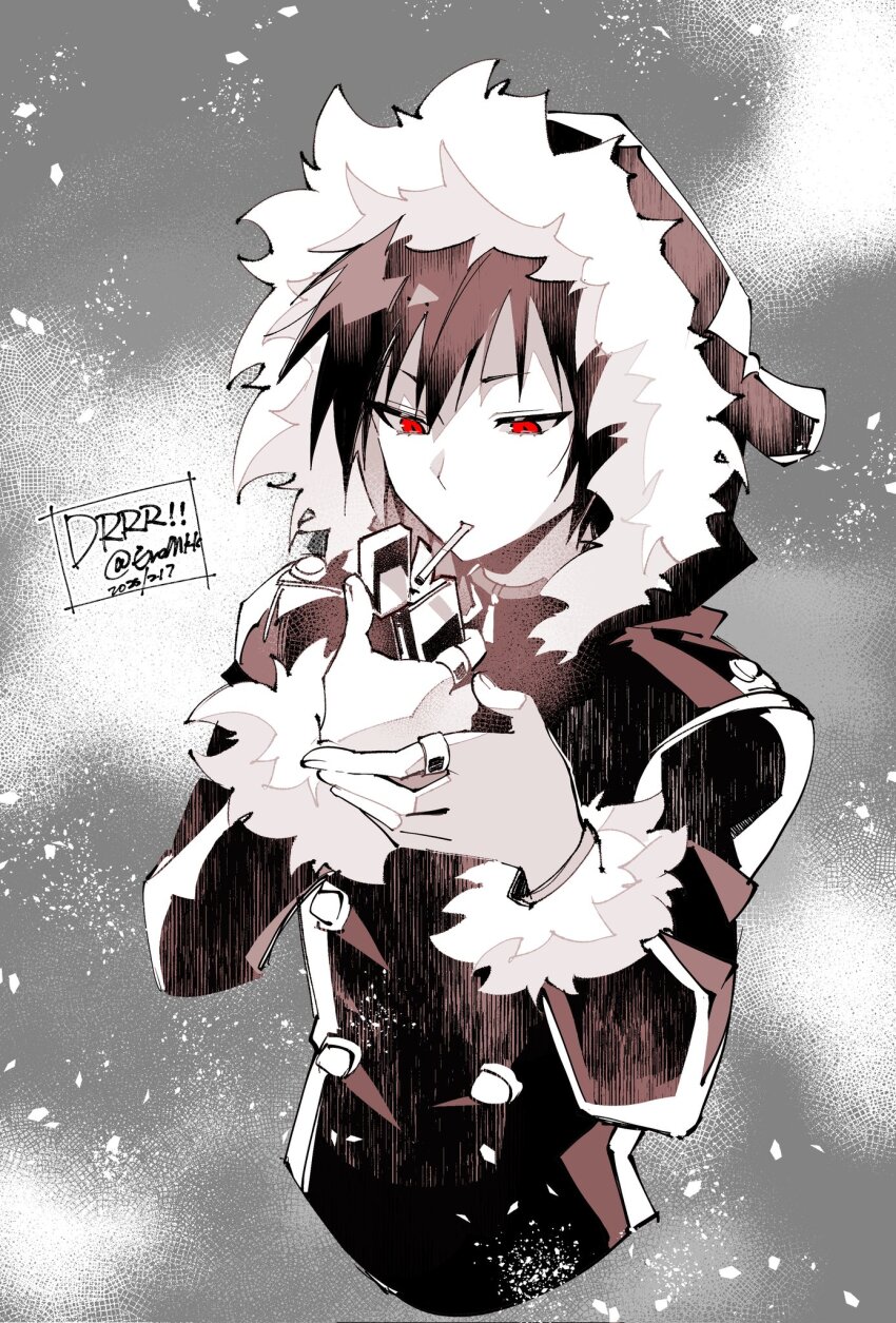 1boy arms_up buttons cigarette copyright_name cropped_torso dated durarara!! eromkk fur-trimmed_hood fur-trimmed_sleeves fur_trim hair_between_eyes highres holding holding_lighter hood hood_up hooded_jacket jacket jewelry lighter long_sleeves looking_down male_focus multiple_rings orihara_izaya red_eyes ring smoking solo twitter_username