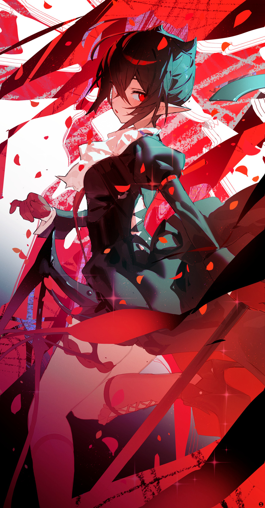 1girl absurdres arknights ascot black_dress black_hair commentary_request dress entelechia_(arknights) falling_petals from_behind gloves hair_between_eyes hair_horns highres juliet_sleeves long_sleeves looking_at_viewer looking_back open_mouth petals pointy_ears puffy_sleeves red_eyes red_gloves red_petals red_theme short_hair solo songchuan_li standing standing_on_one_leg white_ascot