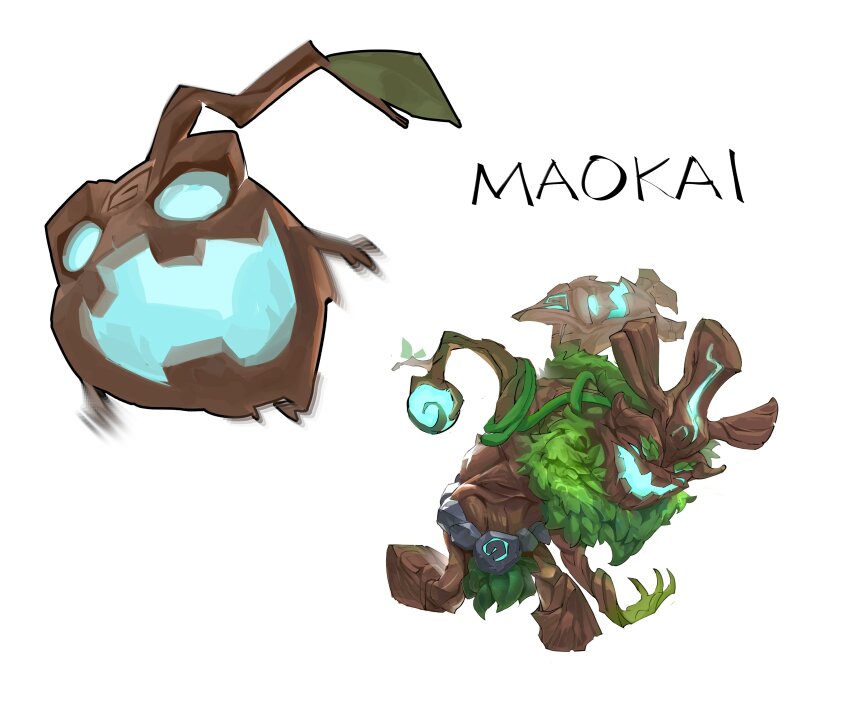 :d absurdres character_name fourdee glowing_mouth happy highres league_of_legends maokai no_humans open_mouth sapling_(league_of_legends) simple_background smile throwing tree white_background