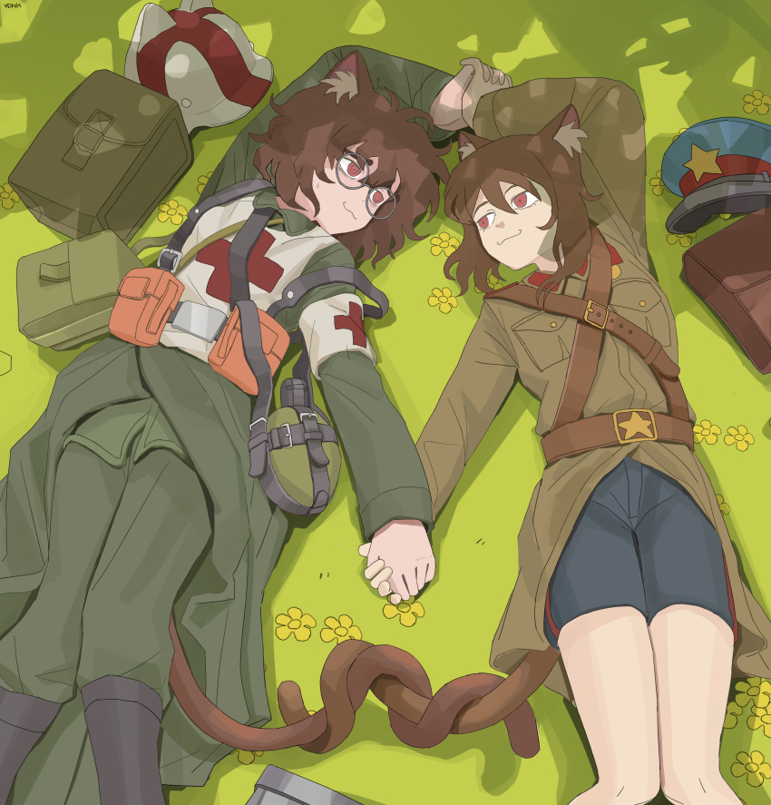 19vodnik 2girls :3 absurdres animal_ear_fluff animal_ear_headwear animal_ears armband belt belt_buckle belt_pouch blue_shorts boots brown_belt brown_eyes brown_hair brown_jacket brown_pants buckle canteen cat_ears cat_girl cat_tail coat collar_tabs collared_coat collared_jacket combat_helmet combat_medic cross fake_animal_ears flower german_army germany glasses grass greatcoat grey_coat grey_jacket grey_pants hat helmet highres holding_hands intertwined_tails jacket leather leather_belt leather_boots load_bearing_equipment lying medal military military_coat multiple_girls nkvd original outdoors pants peaked_cap pouch red_cross red_eyes round_eyewear sam_browne_belt shadow short_hair shorts soldier soviet soviet_army stahlhelm star_(symbol) striped_clothes suspenders tail uniform vertical-striped_clothes wehrmacht white_armband world_war_ii yuri