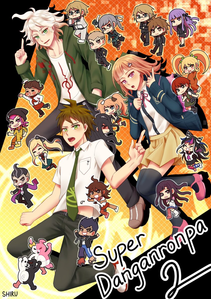 6+boys 6+girls black_hair black_thighhighs blonde_hair blue_eyes blue_hair blush braid breasts brown_hair closed_eyes collared_shirt copyright_name danganronpa:_trigger_happy_havoc danganronpa_(series) danganronpa_2:_goodbye_despair dress_shirt everyone glasses gradient_background grin hair_ornament hanamura_teruteru hands_up highres hinata_hajime hood jacket kamukura_izuru kirigiri_kyoko koizumi_mahiru komaeda_nagito kuzuryu_fuyuhiko long_hair long_sleeves looking_at_viewer medium_hair miniskirt mioda_ibuki monokuma monomi_(danganronpa) multiple_boys multiple_girls naegi_makoto nanami_chiaki neck_ribbon necktie nidai_nekomaru open_clothes open_jacket open_mouth owari_akane pekoyama_peko pink_eyes pink_shoes print_shirt purple_hair red_hair ribbon saionji_hiyoko school_uniform shirt shirt_tucked_in shiruchi13 shoes short_hair skirt smile soda_kazuichi sonia_nevermind spaceship_hair_ornament tanaka_gundham teeth thighhighs togami_byakuya togami_byakuya_(danganronpa_2) tsumiki_mikan twintails white_shirt