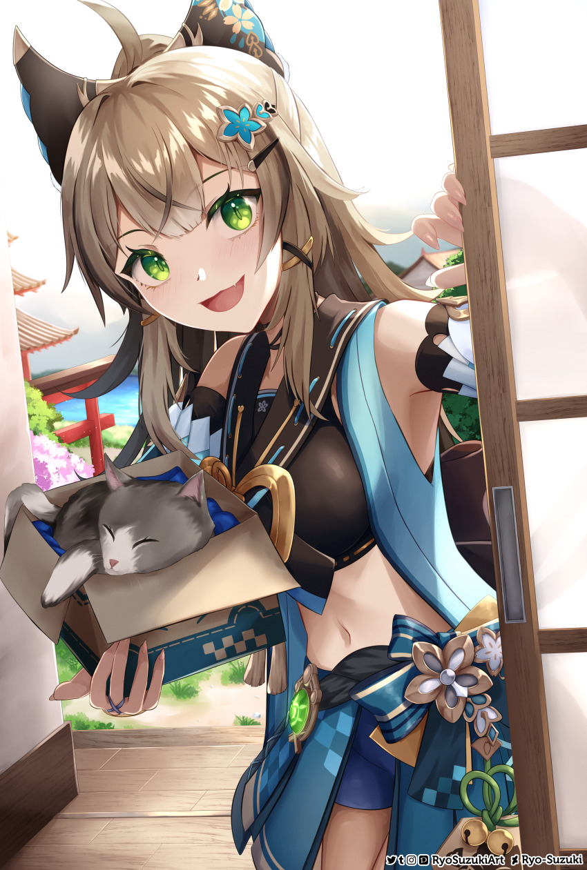 1girl absurdres ahoge animal_ears architecture bare_shoulders blonde_hair blush box breasts brown_hair cat cat_ears cat_girl detached_sleeves east_asian_architecture fang genshin_impact green_eyes hair_ornament hairclip highres holding holding_box kirara_(genshin_impact) long_hair looking_at_viewer multiple_tails open_mouth ryo-suzuki shouji sliding_doors smile solo tail two_tails uwu