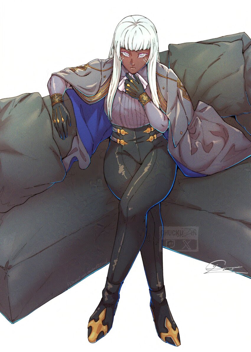 1girl ascot black_gloves black_pants blunt_bangs brigitta_(metaphor:_refantazio) chuckuddin colored_eyelashes couch crossed_legs dark-skinned_female dark_skin facial_mark gloves grey_eyes highres long_hair metaphor:_refantazio pants sidelocks sitting white_ascot white_hair
