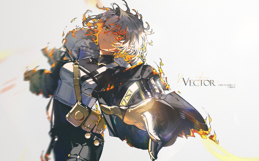 1girl absurdres black_gloves black_jacket black_pants blueblossom burning_clothes character_name copyright_name english_text fire foreshortening girls&#039;_frontline girls&#039;_frontline_2:_exilium gloves grey_hair highres hood hooded_jacket jacket looking_at_viewer open_clothes open_jacket orange_eyes pants parted_lips pouch reaching reaching_towards_viewer short_hair simple_background solo two-tone_gloves vector_(girls&#039;_frontline) vector_(girls&#039;_frontline_2) vest white_vest yellow_gloves