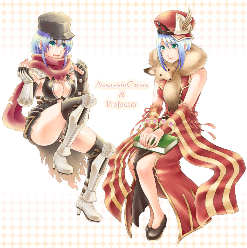 2girls animal animal_around_neck armor armored_boots assassin_cross_(ragnarok_online) black_gloves black_hat black_leotard black_shoes black_thighhighs blue_hair book boots breasts character_name cleavage closed_mouth commentary_request detached_sleeves dress elbow_gloves field_cap fingerless_gloves fingernails fox gloves green_eyes hat holding holding_book large_breasts leotard long_hair looking_at_viewer minamikaze_natsu multiple_girls newsboy_cap pauldrons professor_(ragnarok_online) ragfes ragnarok_online red_dress red_hat red_sleeves revealing_clothes shoes short_hair shoulder_armor sleeveless sleeveless_dress smile striped_sleeves thighhighs vambraces white_background yellow_sleeves