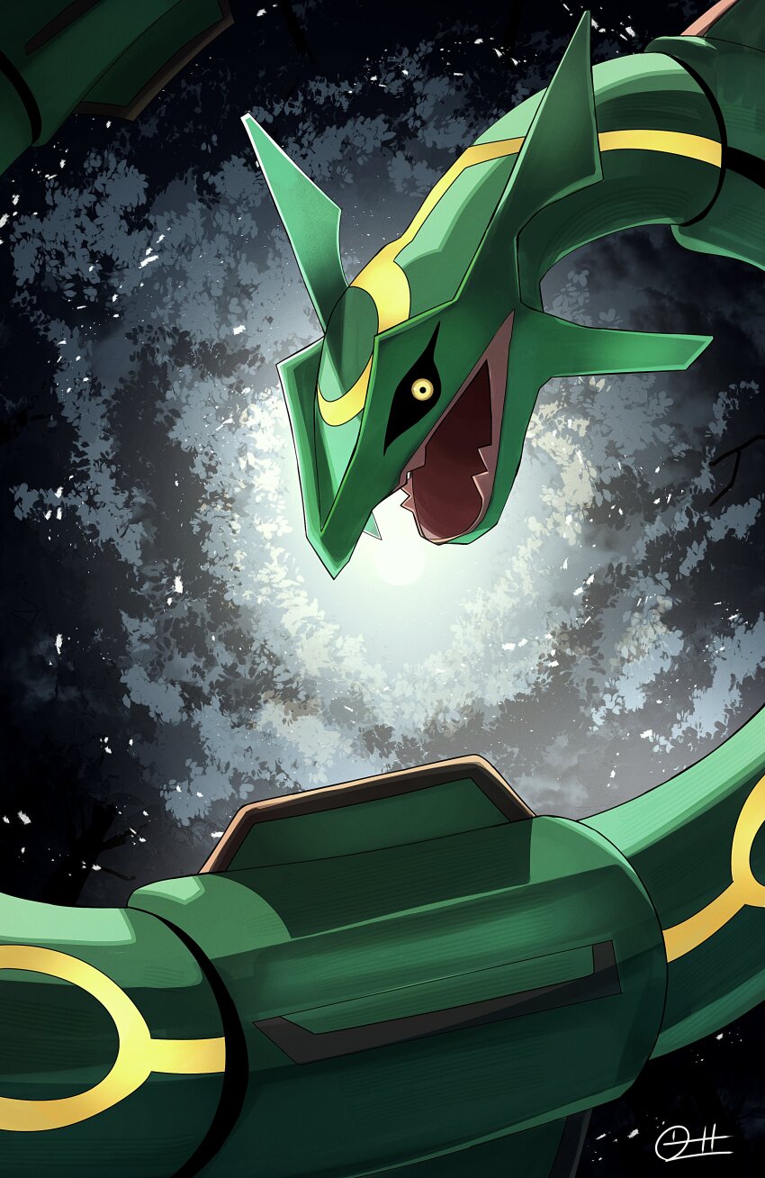 absurdres black_sclera colored_sclera dragon eastern_dragon fangs gen_3_pokemon highres legendary_pokemon nintendo no_humans open_mouth pokemon pokemon_(creature) pokemon_focus rayquaza skin_fangs solo yellow_eyes zeroartwo