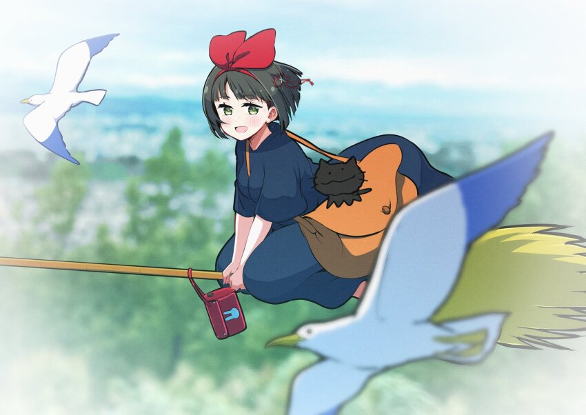 1girl :d between_breasts bird bird_request black_dress black_hair blunt_bangs blunt_ends blurry blurry_background blurry_foreground blush bow bow_hairband breasts broom broom_riding commentary_request cosplay dress flower flower_knot full_body green_eyes hair_flower hair_ornament hairband kiki_(majo_no_takkyuubin) kiki_(majo_no_takkyuubin)_(cosplay) link!_like!_love_live! looking_at_viewer love_live! majo_no_takkyuubin medium_breasts momose_ginko open_mouth red_bag red_bow red_hairband repunit short_hair short_sleeves smile solo strap_between_breasts virtual_youtuber