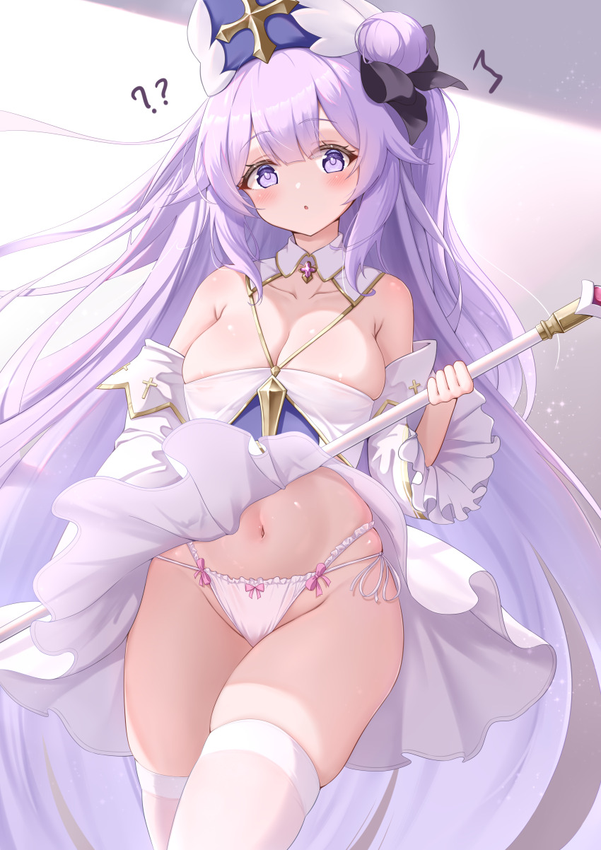 1girl absurdres areola_slip azur_lane bare_shoulders blush breasts cleavage clothes_lift commentary_request detached_collar dress dress_lift graveyard hair_bun hair_ornament highres holding holding_staff large_breasts long_hair looking_at_viewer multi-strapped_panties navel panties pink_panties priestess purple_eyes purple_hair qian_hen royal_navy_emblem_(azur_lane) solo staff thighhighs underwear unicorn_(azur_lane) unicorn_(snow_white_guardian_angel)_(azur_lane) white_dress white_thighhighs