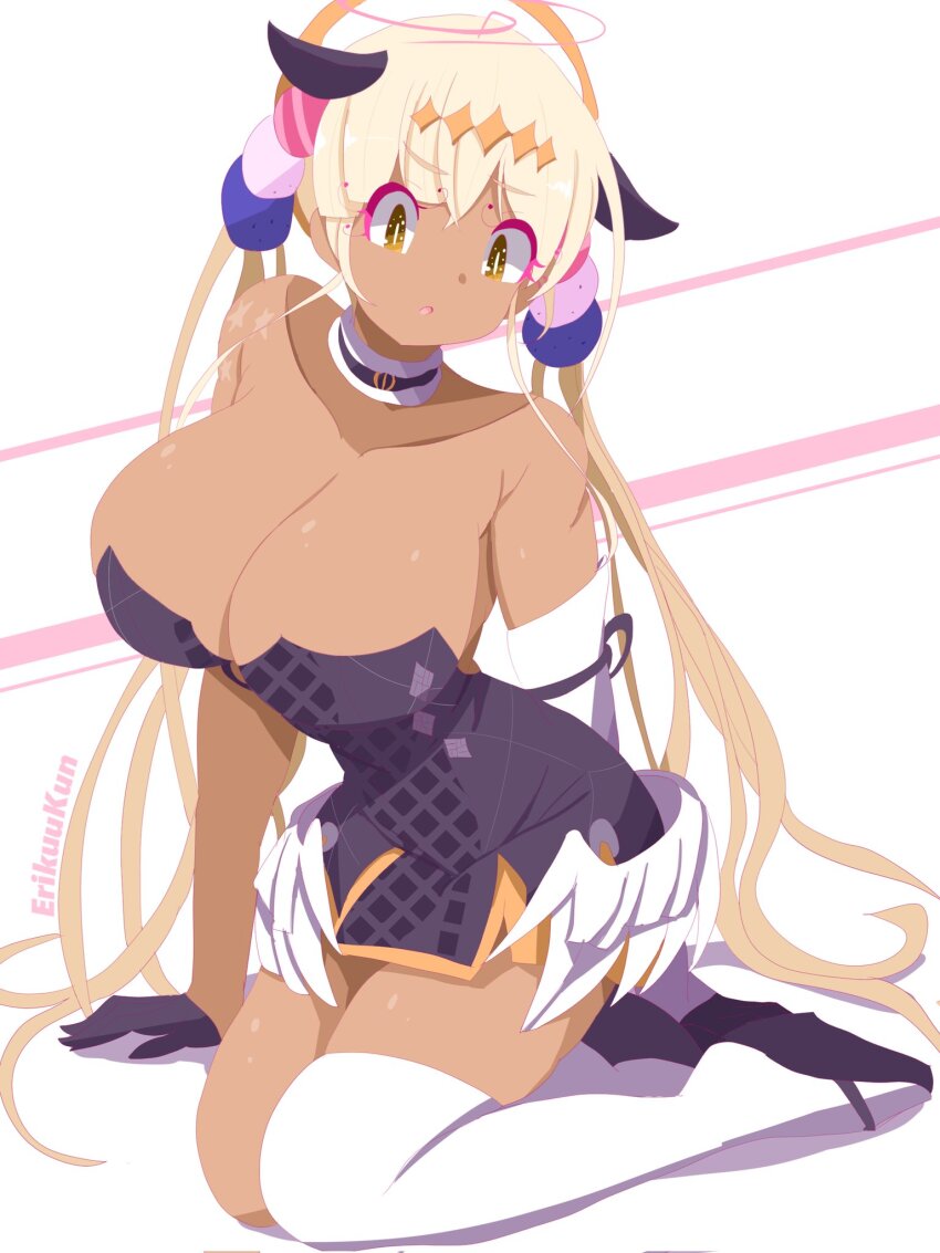 1girl :o animal_ears arm_support artist_name bare_shoulders black_collar black_dress black_gloves black_sandals blonde_hair breasts bright_pupils cleavage collar commentary cosplay dark-skinned_female dark_skin detached_sleeves dress erikuukun extra_ears feathered_wings fur-trimmed_collar fur_trim gloves hair_ornament half_gloves halo headpiece highres hololive hololive_english large_breasts limiter_(tsukumo_sana) long_hair looking_down low_twintails low_wings narrow_waist ninomae_ina&#039;nis ninomae_ina&#039;nis_(1st_costume) ninomae_ina&#039;nis_(cosplay) okobo planet_hair_ornament platform_sandals sandals short_dress single_detached_sleeve single_thighhigh sitting solo strapless strapless_dress thighhighs tsukumo_sana tube_dress twintails very_long_hair virtual_youtuber white_pupils white_thighhighs white_wings wings yellow_eyes yokozuwari