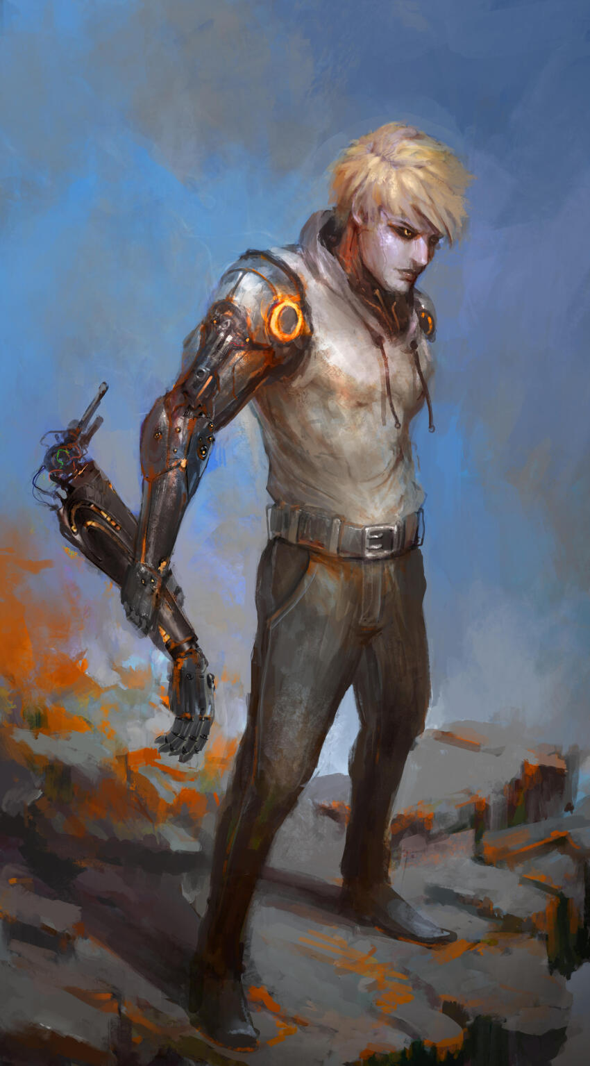1boy absurdres amputee armless_amputee black_sclera blonde_hair closed_mouth colored_sclera commentary cyborg english_commentary full_body genos highres holding holding_own_arm male_focus one-punch_man outdoors short_hair solo thedurianart yellow_eyes