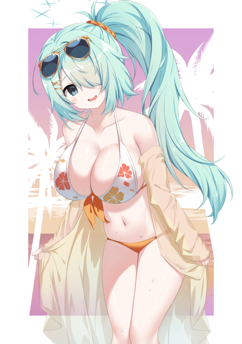 1girl bare_shoulders bikini blue_archive breasts cleavage collarbone eyewear_on_head green_hair green_halo hair_ornament hair_over_one_eye halo highres hiyori_(blue_archive) hiyori_(swimsuit)_(blue_archive) large_breasts long_hair looking_at_viewer navel official_alternate_costume orange_bikini outdoors round_eyewear see-through_clothes side_ponytail solo standing sunglasses sweat swimsuit thighs umou_(may65879) very_long_hair white_bikini