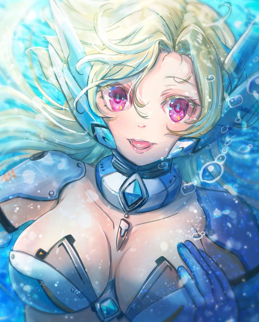 1girl air_bubble blonde_hair breasts bubble cleavage collarbone headgear highres kiwakiwa long_hair looking_at_viewer marty_(mega_man) medium_breasts mega_man_(series) mega_man_x_(manga) mega_man_x_(series) parted_lips pink_lips purple_eyes smile solo teeth tongue underwater upper_body