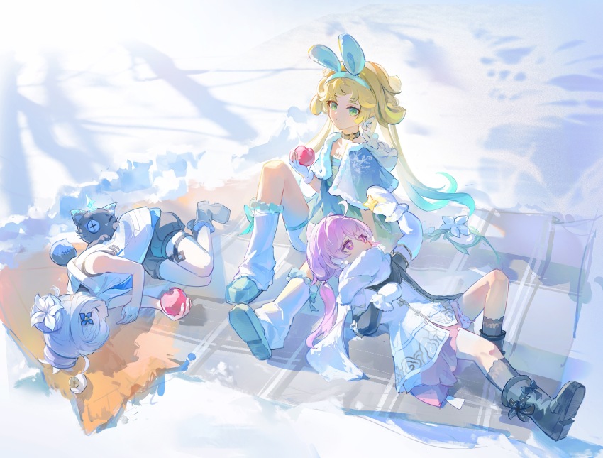3girls absurdres ahoge apple black_boots black_dress black_shoes black_shorts black_socks blake_bloom_(wuthering_waves) blonde_hair blue_capelet blue_hands body_markings boots capelet cloud_print colored_extremities cross-shaped_pupils double_bun dress earrings encore_(wuthering_waves) fingerless_gloves flower_earrings food fruit gloves green_dress green_eyes green_shoes hair_bun highres holding holding_food holding_fruit hood hood_down hooded_capelet hooded_jacket huqu_(huqu45712) jacket jewelry knee_up layered_skirt leg_warmers long_hair looking_at_viewer lying material_growth mittens multiple_girls on_back on_side outdoors petite pink_eyes pink_hair print_dress puffy_shorts scarf shadow shoes short_dress shorts sitting skirt sleeping sleeveless sleeveless_jacket smile snow socks split-color_clothes stuffed_animal stuffed_cat stuffed_toy symbol-shaped_pupils tacet_mark_(wuthering_waves) twintails two-tone_dress verina_(wuthering_waves) very_long_hair white_dress white_hair white_jacket white_leg_warmers white_mittens white_scarf winter wuthering_waves youhu_(wuthering_waves)
