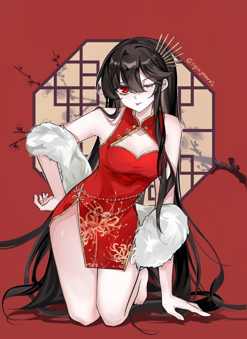 1girl absurdres alternate_costume bare_shoulders black_hair breasts china_dress chinese_clothes clothing_cutout commentary_request dress fate/grand_order fate_(series) feather_boa gold_trim hand_on_own_hip highres kneeling koha-ace long_hair looking_at_viewer oda_nobunaga_(fate) oda_nobunaga_(koha-ace) one_eye_closed red_dress red_eyes short_dress sleeveless sleeveless_dress small_breasts solo tongue tongue_out twitter_username very_long_hair xixing_chun
