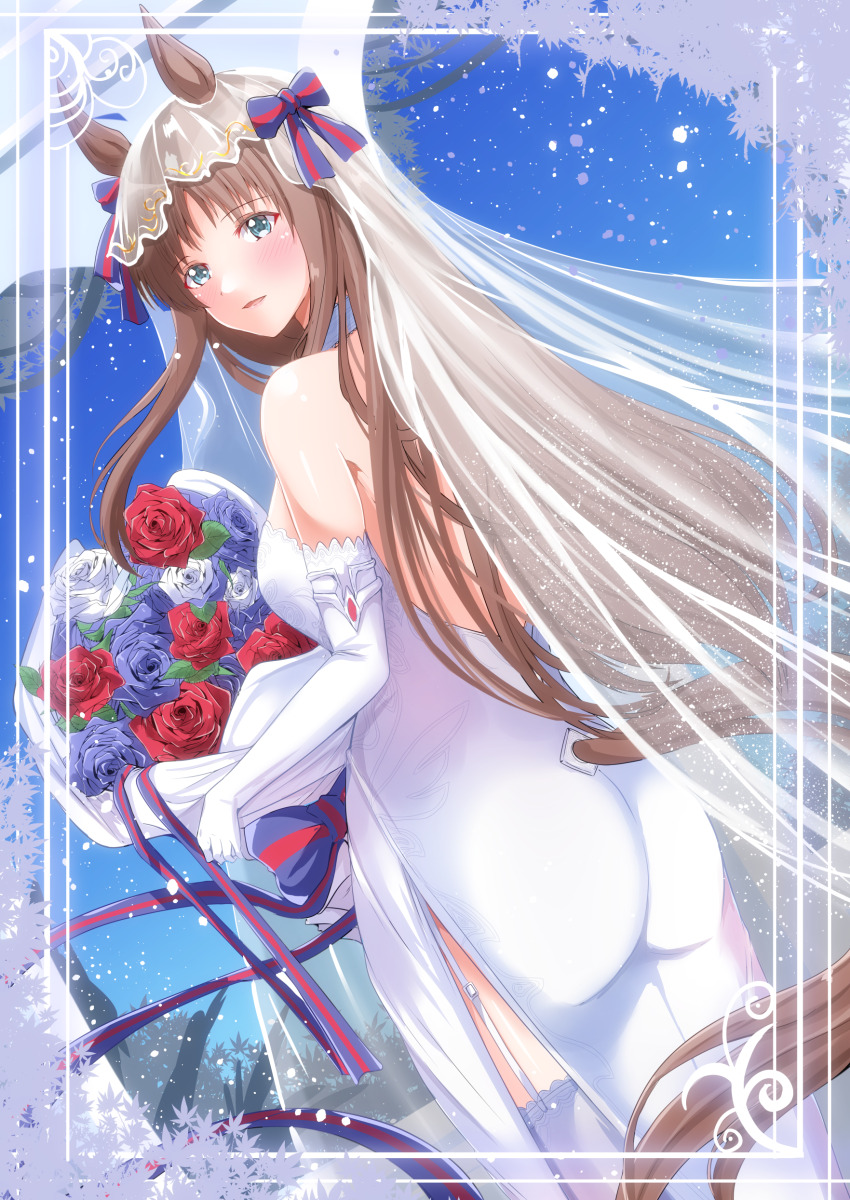 1girl absurdres alternate_costume animal_ears ass blue_eyes blush breasts bridal_veil bride brown_hair detached_sleeves dress grass grass_wonder_(umamusume) highres horse_ears horse_girl kentan_(kingtaiki) long_hair looking_at_viewer sky small_breasts solo thighhighs umamusume veil wedding_dress