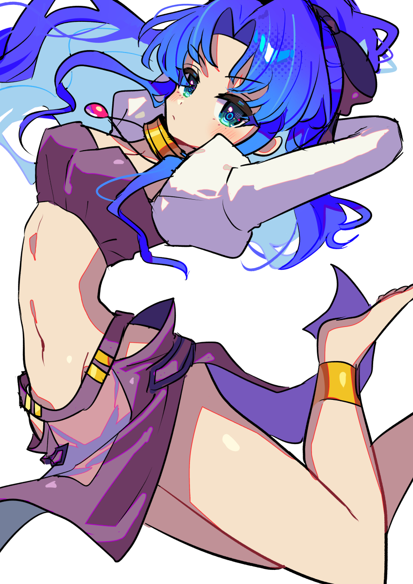 1girl absurdres alternate_costume alternate_hairstyle anklet arms_behind_head arms_up barefoot blue_eyes blue_hair blush bow breasts gold_choker half-closed_eyes highres jewelry large_breasts long_hair looking_at_viewer midriff navel offbeat pendant purple_bow puyopuyo rulue_(puyopuyo) solo stomach thighs white_sleeves
