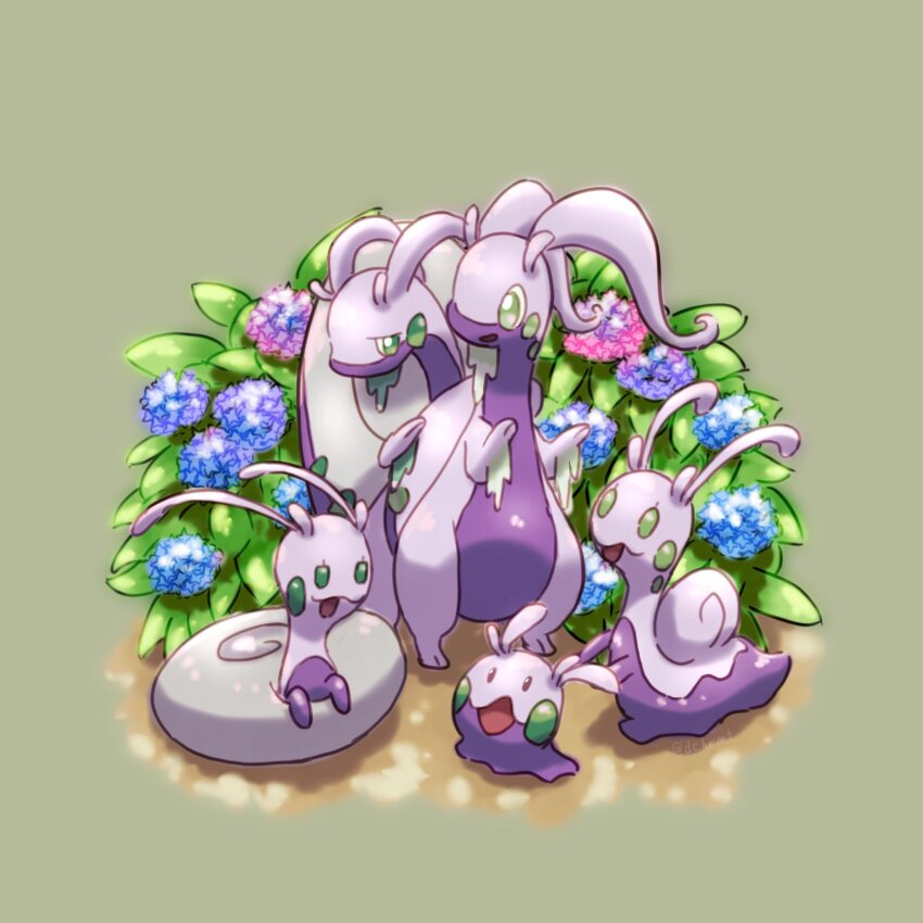 animal_focus black_eyes blue_flower bush commentary_request creatures_(company) evolutionary_line flower game_freak gen_6_pokemon goodra goomy green_background green_eyes highres hisuian_goodra hisuian_sliggoo nintendo no_humans open_mouth pokemon pokemon_(creature) simple_background sliggoo slime_(substance) slug standing yu_(pocketsun636)
