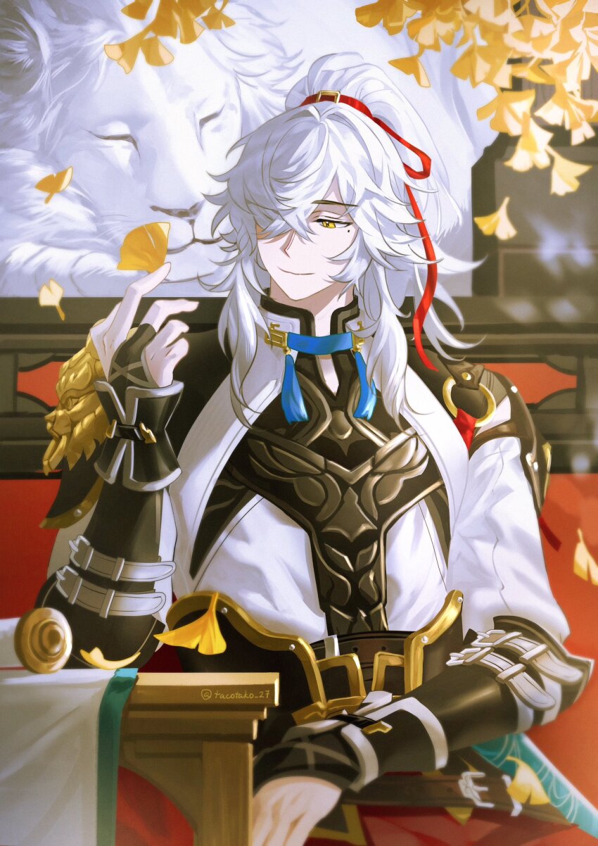 1boy armor artist_name belt belt_buckle black_belt branch bridal_gauntlets buckle chinese_clothes closed_mouth crossed_bangs elbow_rest falling_leaves ginkgo_leaf hair_intakes hair_over_one_eye hair_ribbon hand_up hashtag-only_commentary high_ponytail highres holding holding_leaf honkai:_star_rail honkai_(series) jacket jing_yuan leaf lion long_hair long_sleeves looking_to_the_side male_focus mandarin_collar mole mole_under_eye one_eye_covered parted_bangs pauldrons ponytail red_ribbon ribbon scroll shoulder_armor sidelocks single_pauldron sitting sleeping smile solo table tacotako tassel twitter_username white_hair white_jacket yellow_eyes