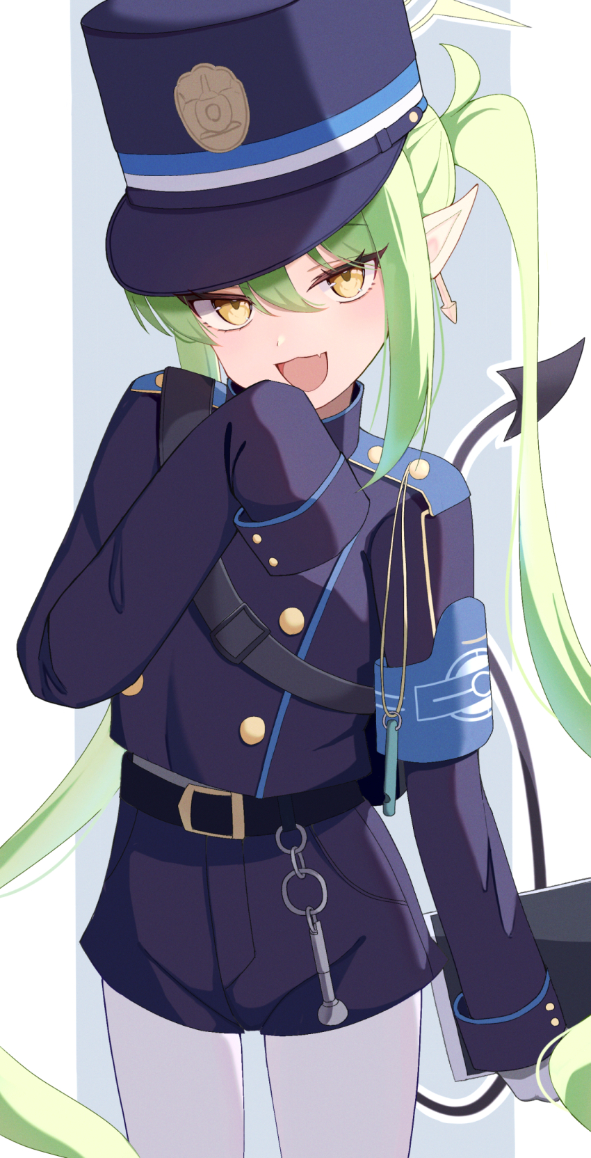 1girl :d arm_at_side armband bag belt black_bag black_belt blue_archive blue_armband blue_background blue_hat blue_jacket blue_shorts buttons commentary_request cowboy_shot double-breasted earrings fang gloves green_hair green_halo hair_between_eyes halo hand_on_own_face hat nozomi_(blue_archive) highres holding holding_tablet_pc jacket jewelry long_hair looking_at_viewer open_mouth outline outside_border pantyhose peaked_cap pillarboxed pointy_ears shirt shorts shoulder_bag single_sleeve_past_fingers skin_fang smile smug solo tablet_pc twintails uaru very_long_hair white_gloves white_outline white_pantyhose white_shirt yellow_eyes