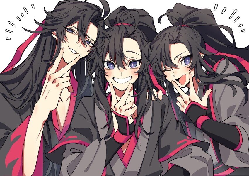 3boys ;d absurdres ahoge bentuudayo bishounen black_hair black_hanfu blush chinese_clothes fang grin hair_between_eyes hair_down hair_ribbon half_updo hand_on_another&#039;s_shoulder hand_on_own_face hand_up hanfu high_ponytail highres long_hair long_sleeves looking_at_viewer male_focus modao_zushi multiple_boys multiple_persona notice_lines official_alternate_hairstyle one_eye_closed open_mouth parted_bangs ponytail purple_eyes red_ribbon ribbon robe sidelocks simple_background skin_fang sleeves_past_wrists smile upper_body v very_long_hair w wei_wuxian wei_wuxian_(yiling_laozu) white_background wide_sleeves