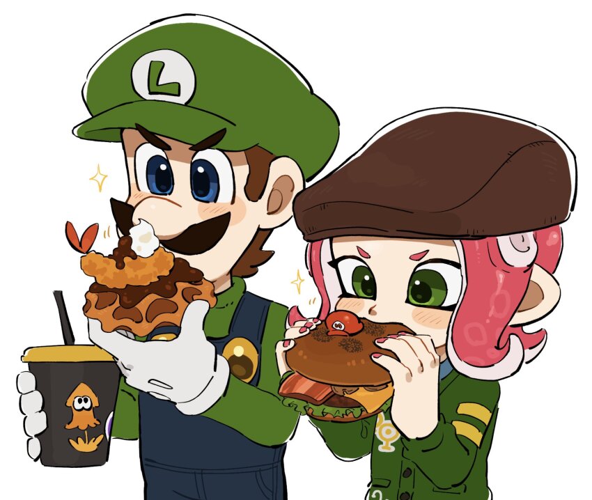 1boy 1girl blue_eyes blue_overalls blue_shirt blush_stickers brown_hair brown_hat burger commentary_request cup curry disposable_cup drinking_straw eating facial_hair food food_in_mouth gloves green_eyes green_hat green_shirt green_sweater hands_up hat highres holding holding_cup holding_food long_sleeves luigi mario_(series) medium_hair mimimi_(mimimim9999) motion_lines mustache nintendo octoling octoling_girl octoling_player_character overalls pink_hair pink_nails shirt short_hair shrimp shrimp_tempura simple_background splatoon_(series) star_(symbol) suction_cups super_nintendo_world sweater tempura tentacle_hair upper_body v-shaped_eyebrows waffle white_background white_gloves