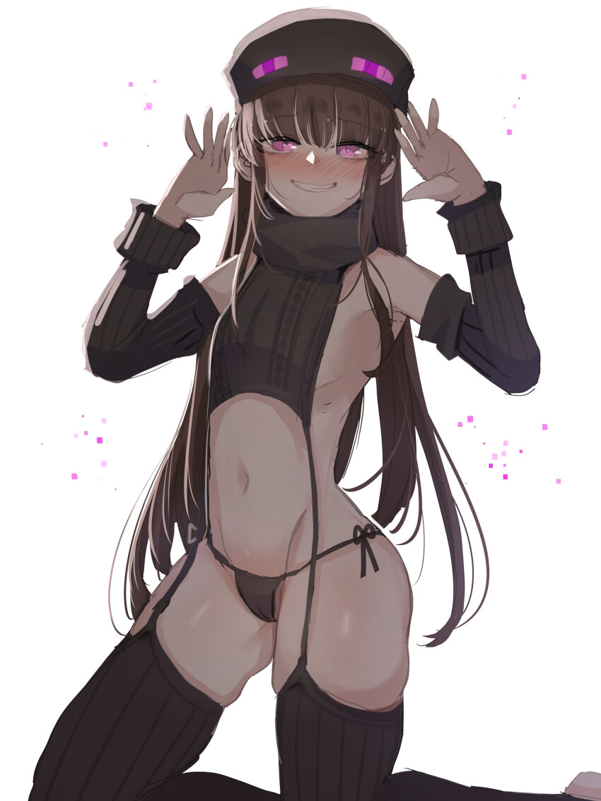 1girl absurdres ander_(at2.) at2. black_thighhighs blush brown_hair detached_sleeves enderman hat highres humanization kneeling long_hair long_sleeves looking_at_viewer meme_attire minecraft mob_talker navel nose_blush purple_eyes simple_background smile solo thighhighs virgin_destroyer_sweater white_background