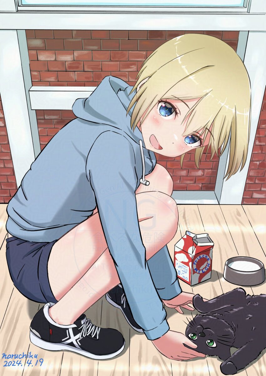 1girl alternate_costume artist_name black_cat black_shoes black_shorts blonde_hair blue_eyes blue_sweater bowl cat dated erica_hartmann highres hood hooded_sweater looking_at_viewer milk milk_carton naruchisukisuki pet_bowl shoes short_hair shorts smile squatting strike_witches sweater world_witches_series