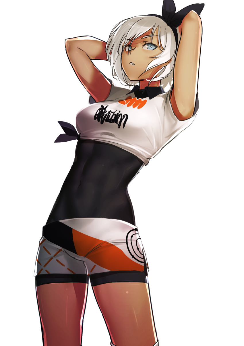 1girl arms_behind_head bea_(pokemon) bodysuit bodysuit_under_clothes breasts covered_navel dark-skinned_female dark_skin female_focus gym_leader hairband highres i-pan nintendo pokemon pokemon_swsh short_hair shorts silver_hair simple_background solo white_background