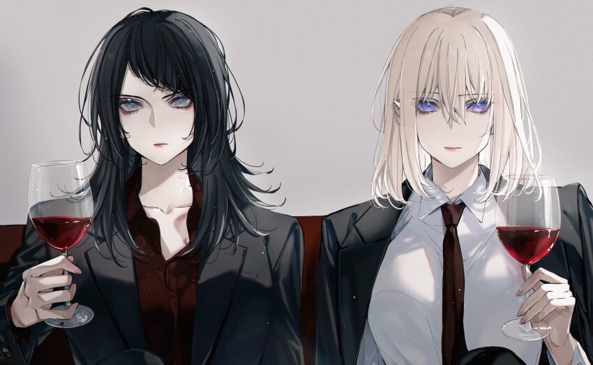 2girls alcohol bang_dream! bang_dream!_it&#039;s_mygo!!!!! black_hair black_jacket blackfangs blonde_hair blue_eyes closed_mouth commentary cup dress_shirt drinking_glass hair_between_eyes holding holding_cup jacket jacket_on_shoulders light_particles long_hair long_sleeves looking_at_viewer medium_hair misumi_uika multiple_girls red_shirt shirt sidelocks white_shirt wine wine_glass yahata_umiri