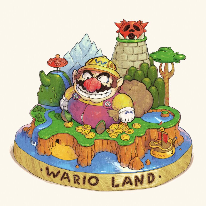brown_hair coin commission facial_hair gloves gold_coin grin helmet highres holding holding_sack mustache nintendo overalls panictwiter pith_helmet pointy_ears purple_overalls sack shirt smile stuffed_toy tree wario wario_land white_gloves yellow_shirt