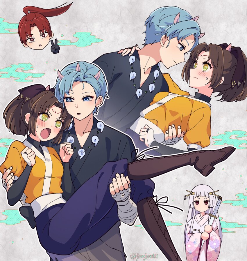 1boy 2girls arima_kana black_kimono blade_(tokyo_blade) blue_eyes blue_hair blush closed_mouth demon_horns hair_between_eyes highres himekawa_taiki holding holding_sword holding_weapon horns hoshino_aquamarine japanese_clothes junjonta kimono kurokawa_akane long_hair long_sleeves multiple_girls narushima_melt open_mouth oshi_no_ko ponytail red_eyes red_hair sayahime_(tokyo_blade) short_hair star-shaped_pupils star_(symbol) sword symbol-shaped_pupils tokyo_blade_(oshi_no_ko) touki_(tokyo_blade) tsurugi_(tokyo_blade) v weapon white_hair white_kimono yellow_eyes yellow_kimono