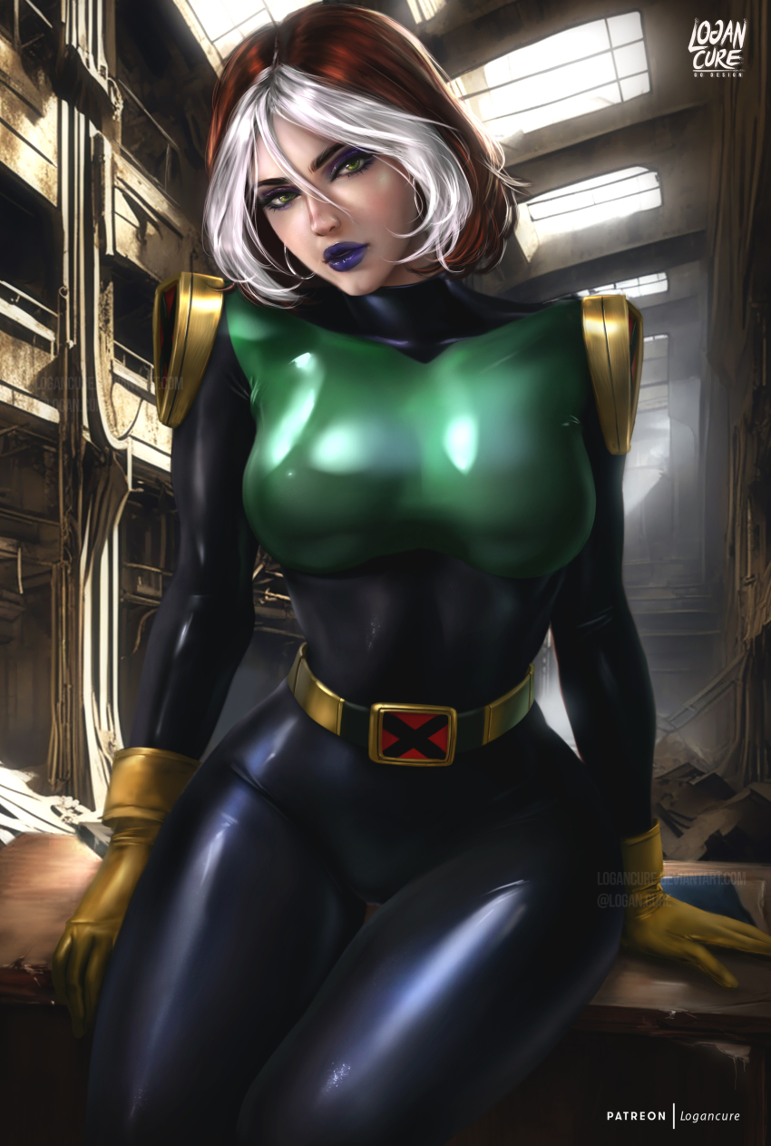 1girl absurdres artist_name black_bodysuit bodysuit breasts brown_hair deviantart_username eyelashes eyeshadow gloves green_bodysuit green_eyes hair_between_eyes highres logan_cure makeup marvel multicolored_bodysuit multicolored_hair on_table patreon_username purple_eyeshadow purple_lips rogue_(x-men) short_hair sitting solo table twitter_username two-tone_hair watermark white_hair x-men x-men_evolution yellow_gloves