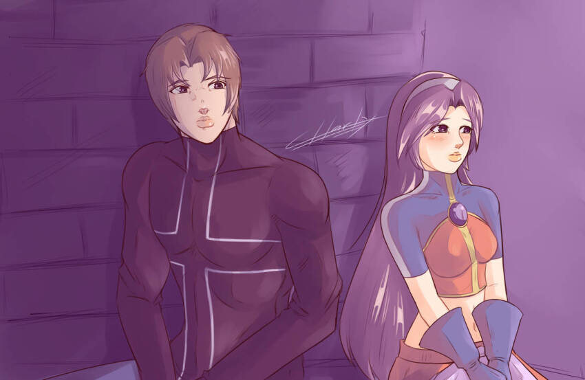 1boy 1girl asamiya_athena black_shirt brown_hair charlyarts hair_ornament idol kusanagi_kyou psycho_soldier purple_hair shirt snk star_(symbol) star_hair_ornament the_king_of_fighters the_king_of_fighters_2002