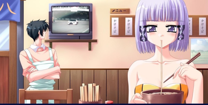 1girl bowl chopsticks downhill_night emily_(pure_dream) food game_cg lily_tail noodles purple_eyes purple_hair short_hair television top_(company)