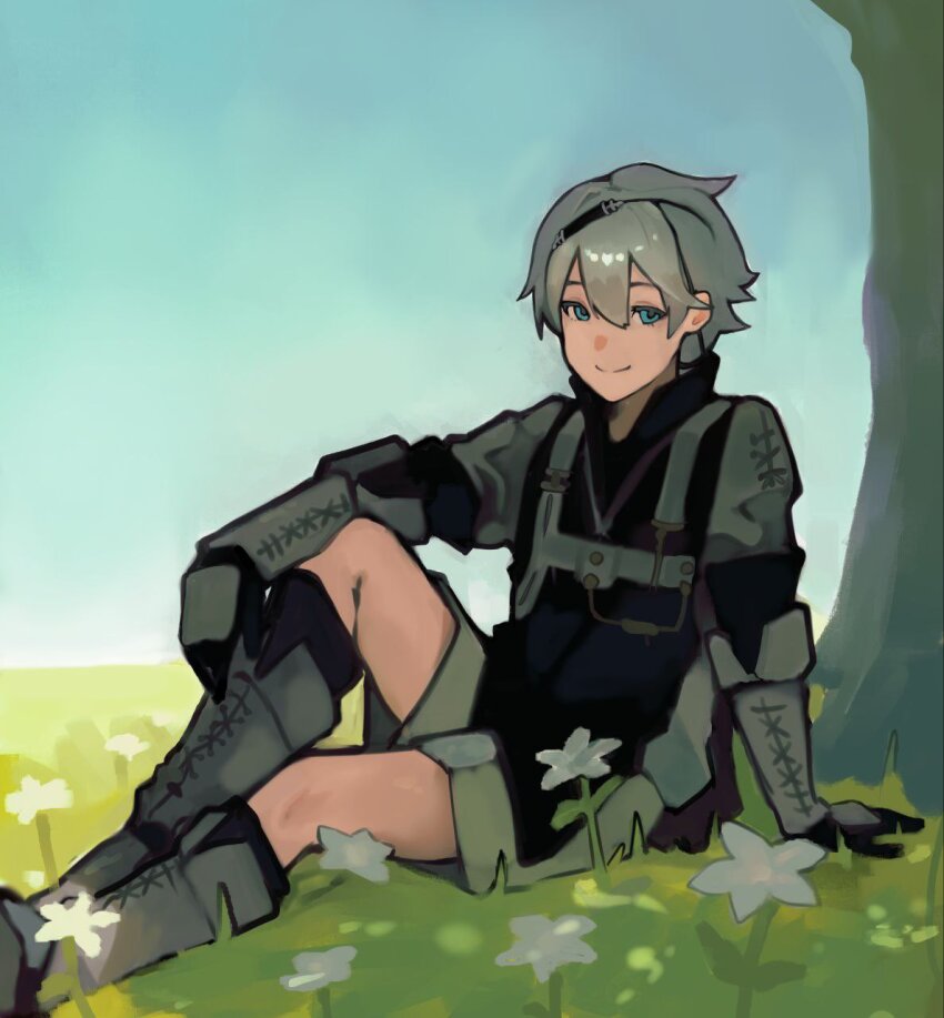 1boy arm_on_knee belt black_gloves blue_eyes blue_sky boots buckle field flower flower_field gloves grass grey_boots grey_hair grey_shorts hair_between_eyes hair_ornament high_collar highres ice_calm long_sleeves looking_at_viewer lunar_tear male_focus nier_(brother) nier_(series) on_grass shorts shoulder_strap sitting sky smile solo tree_shade