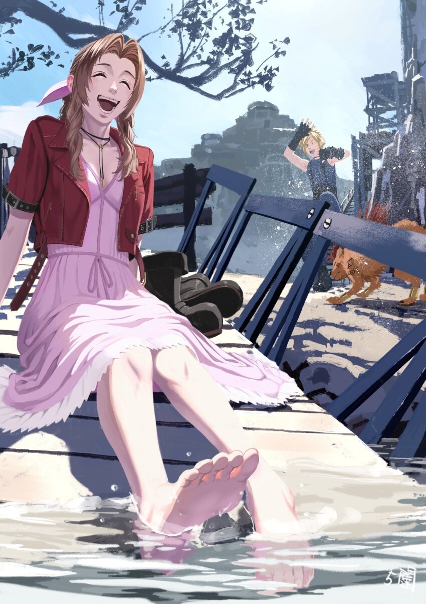 1girl 2boys 5tatsu aerith_gainsborough animal armor barefoot blonde_hair blue_pants blue_shirt body_markings boots braid braided_ponytail breasts brown_footwear brown_hair choker closed_eyes cloud_strife cropped_jacket dress feet final_fantasy final_fantasy_vii final_fantasy_vii_rebirth final_fantasy_vii_remake fingerless_gloves flower_choker foot_focus gloves hair_ribbon highres jacket long_dress long_hair medium_breasts multiple_boys one_eye_closed open_mouth orange_fur outdoors pants parted_bangs pink_dress pink_ribbon red_hair red_jacket red_xiii ribbon shaking shielding shirt shoes short_hair short_sleeves shoulder_armor sidelocks single_bare_shoulder single_braid single_shoulder_pad sitting sleeveless sleeveless_turtleneck smile soaking_feet spiked_hair suspenders tree turtleneck unworn_shoes wavy_hair