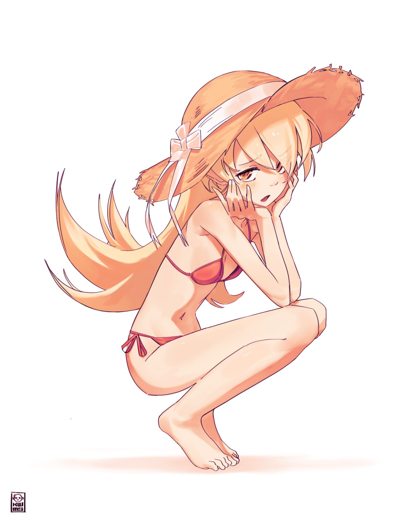 1girl absurdres bikini blonde_hair breasts feet full_body hands_on_own_chin hat highres knees kwms long_hair looking_at_viewer monogatari_(series) navel open_mouth oshino_shinobu red_bikini side-tie_bikini_bottom skinny small_breasts solo squatting sun_hat swimsuit tiptoes toes yellow_eyes
