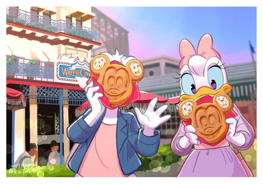 1boy 1girl 3boys bow character-themed_food daisy_duck disney donald_duck dress duck_boy duck_girl looking_at_viewer mickey_mouse multiple_boys open_mouth pink_bow purple_dress purple_eyes shirt smile takatmaorange